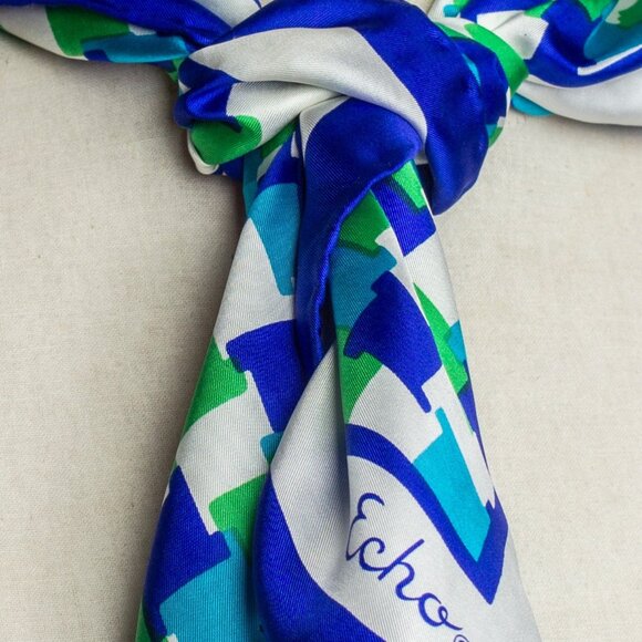 Echo Silk Scarf Square | Retro Style Bandana Scarf | Aqua Monochromatic - Picture 4 of 10